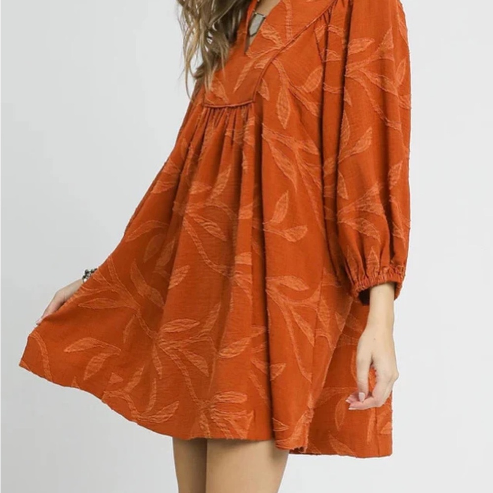 Umgee Terracotta Long Sleeve Dress with Leaf Design - Picture 2 of 4